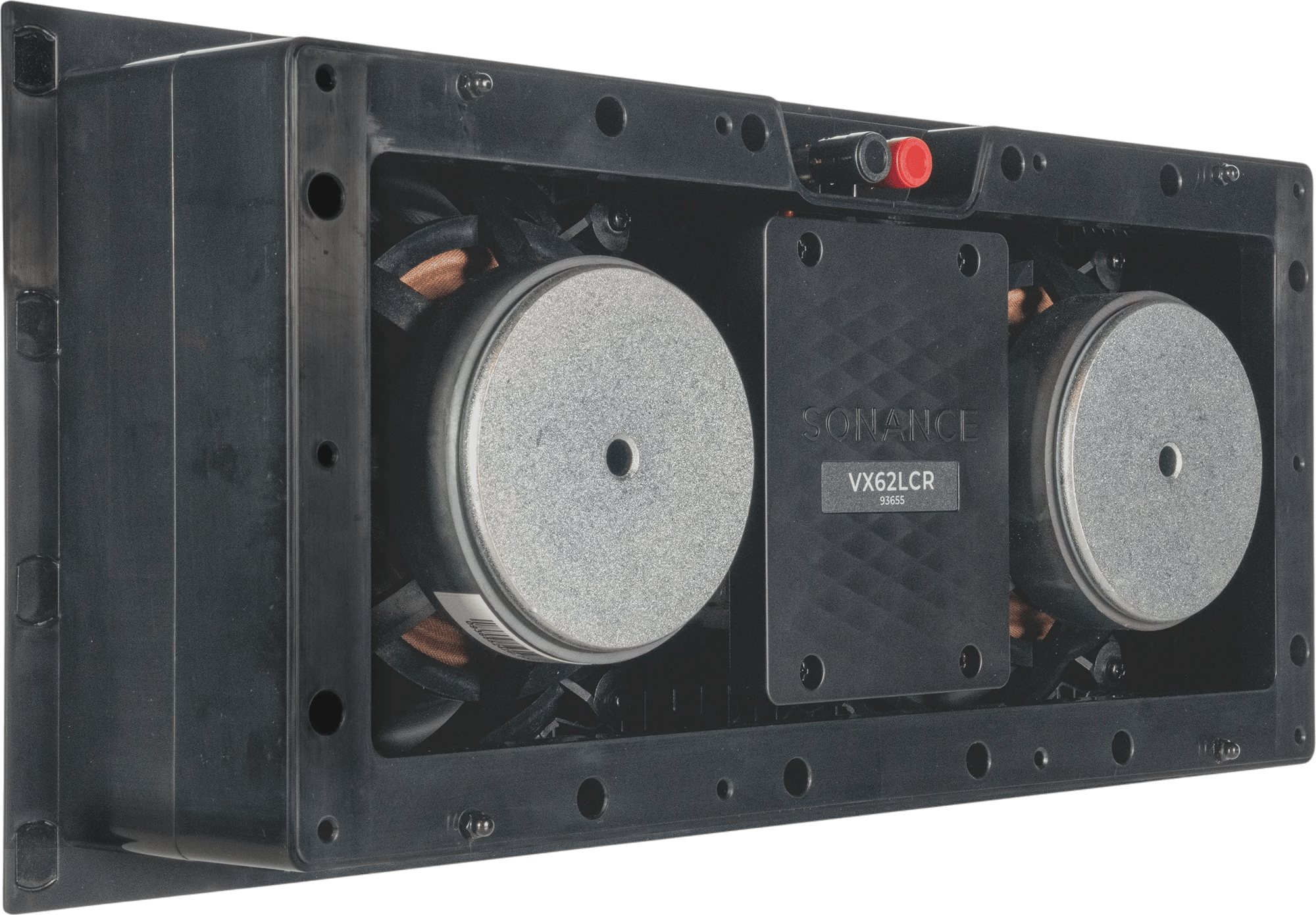Sonance VX62LCR Rückansicht mit zwei Tieftönern und Anschlüssen.