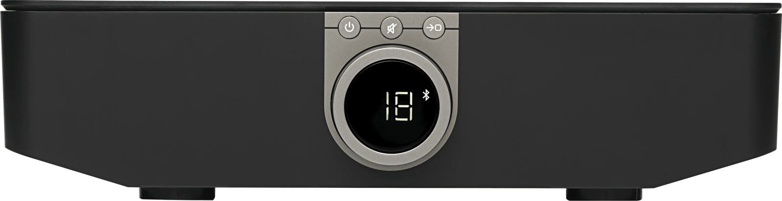 Frontansicht des DALI Sound Hub in Schwarz mit Steuerknöpfen und Display.
