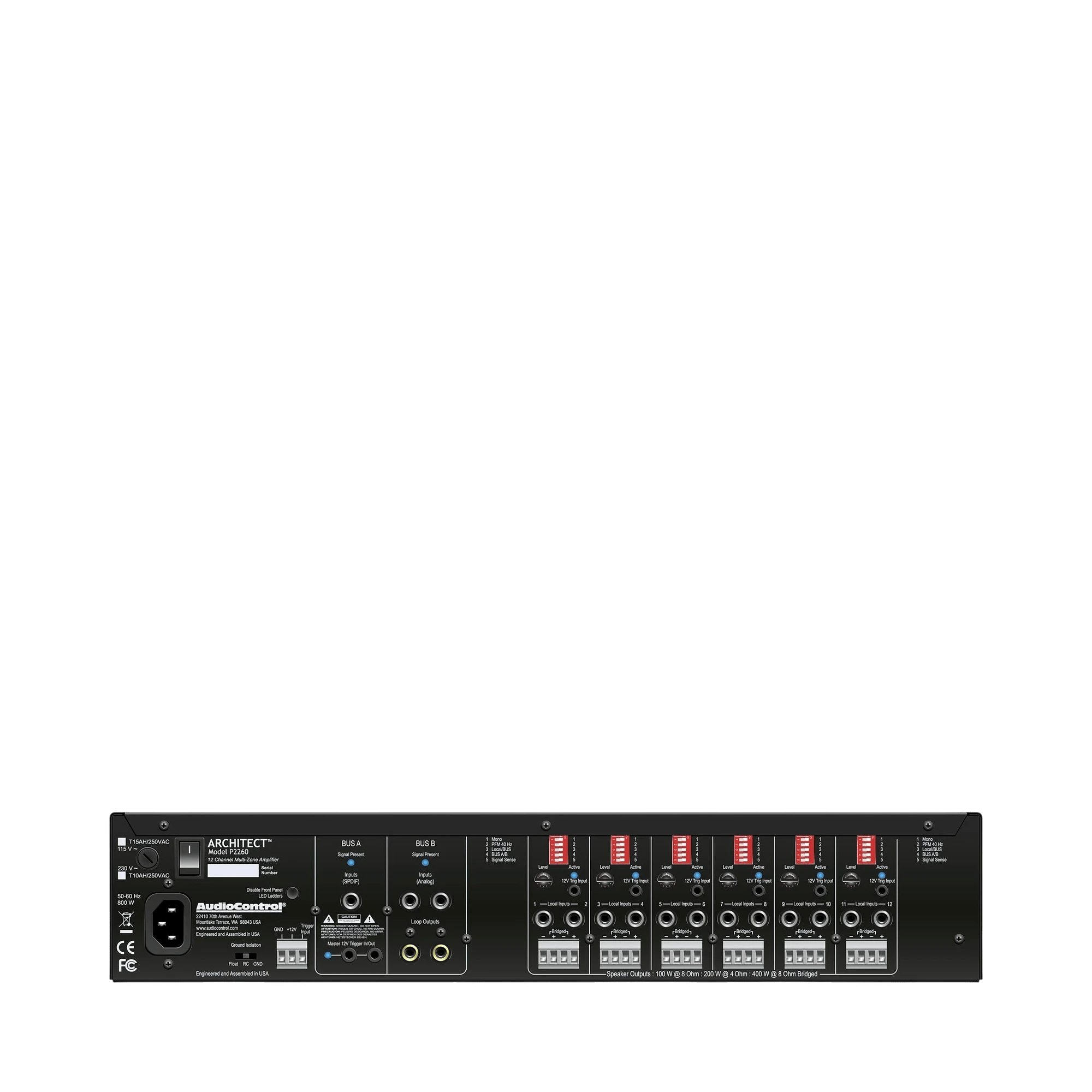 Rückansicht des AudioControl Architect P2260, eines 12-Kanal-Verstärkers mit sichtbaren Anschlüssen.