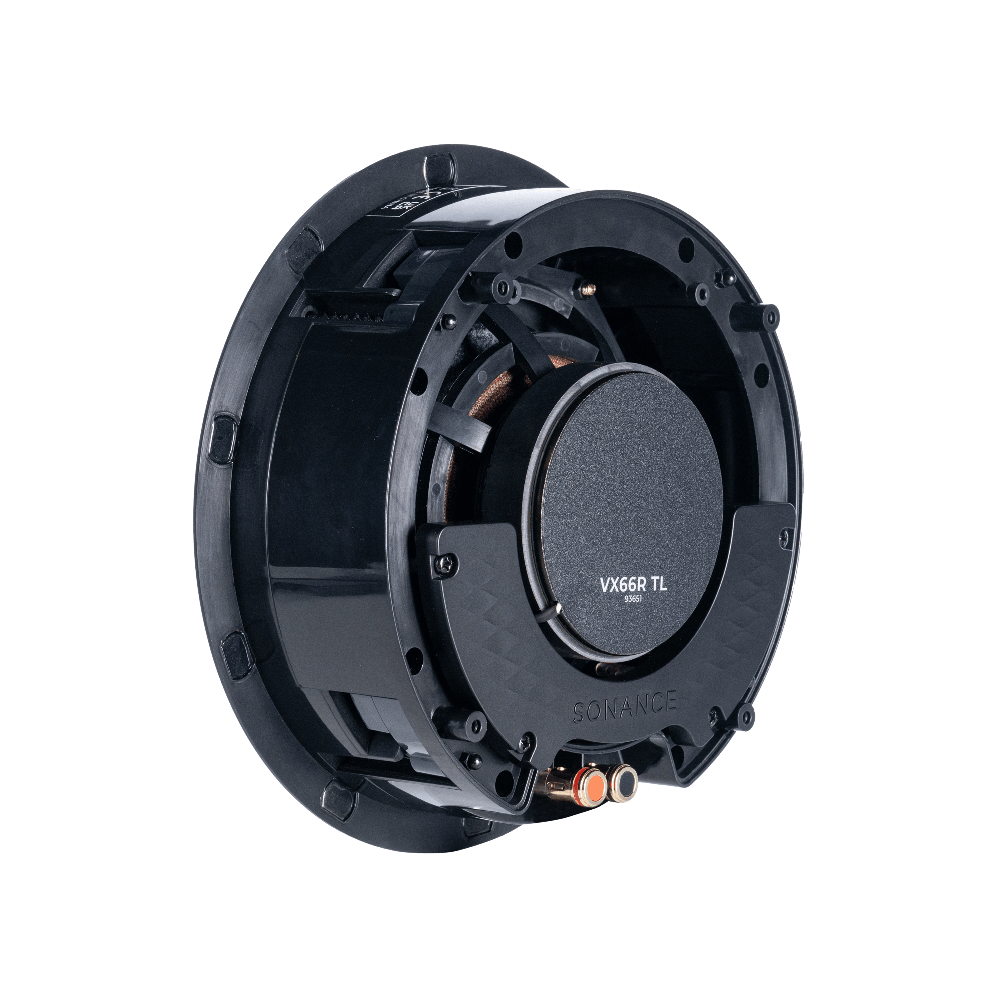 Rückansicht des Sonance VX66R TL Lautsprechers mit Anschlüssen und Modellinformationen.