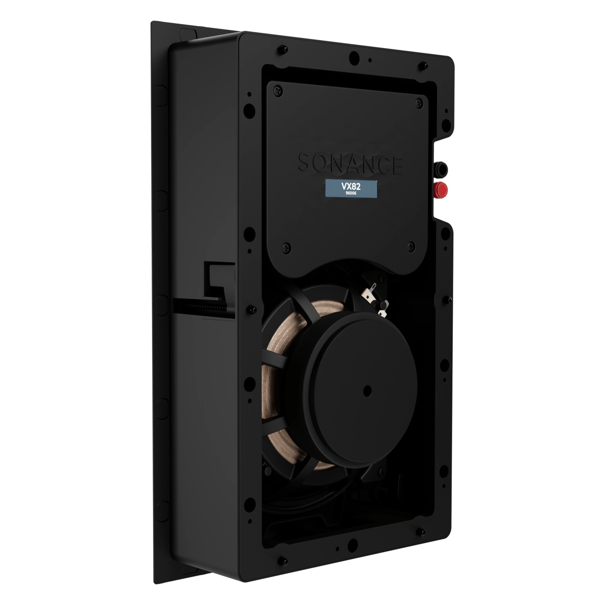 Rückansicht des Sonance VX82 Lautsprechers mit Anschlüssen und internen Komponenten.