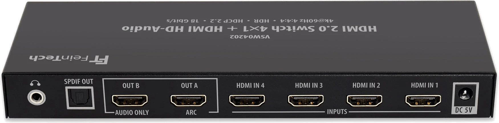 Rückansicht des FeinTech VSW04202 HDMI 2.0 Switch mit mehreren HDMI-Anschlüssen.