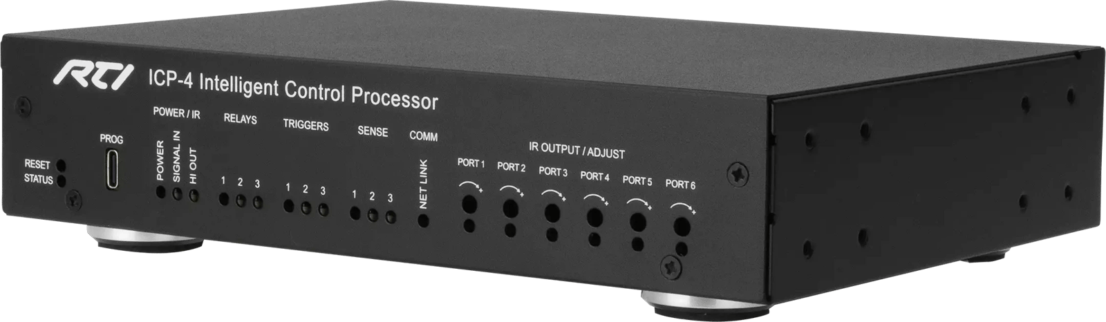 RTI ICP-4 Intelligent Control Processor, Front-Rechtsansicht mit sichtbaren Anschlüssen.