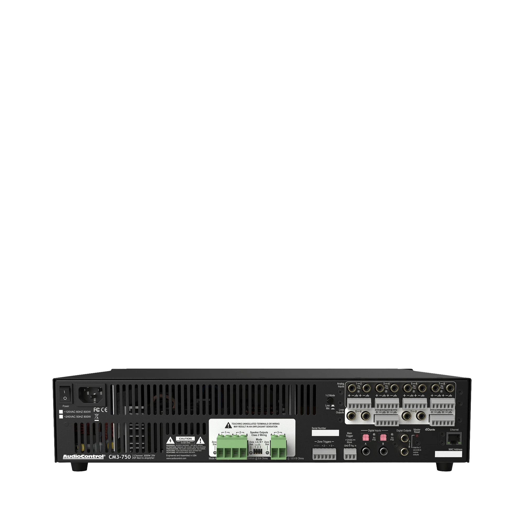 Rückansicht des AudioControl CM3-750 Verstärkers mit Anschlüssen und Steckdosen.