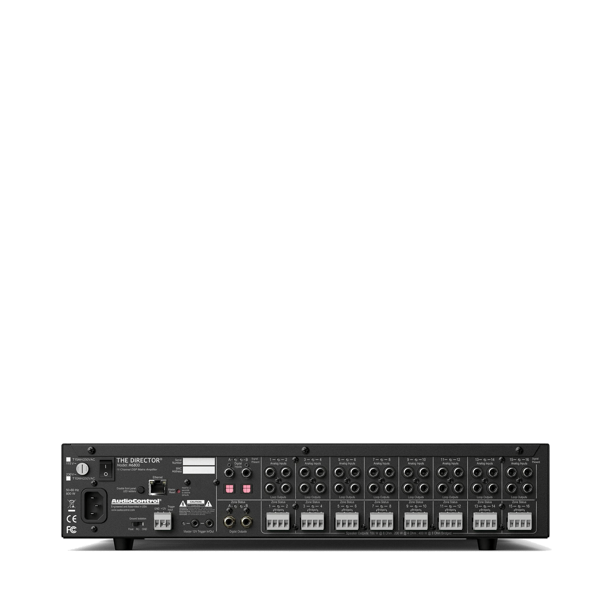 Rückansicht des AudioControl Director M6800 mit sichtbaren Anschlüssen.