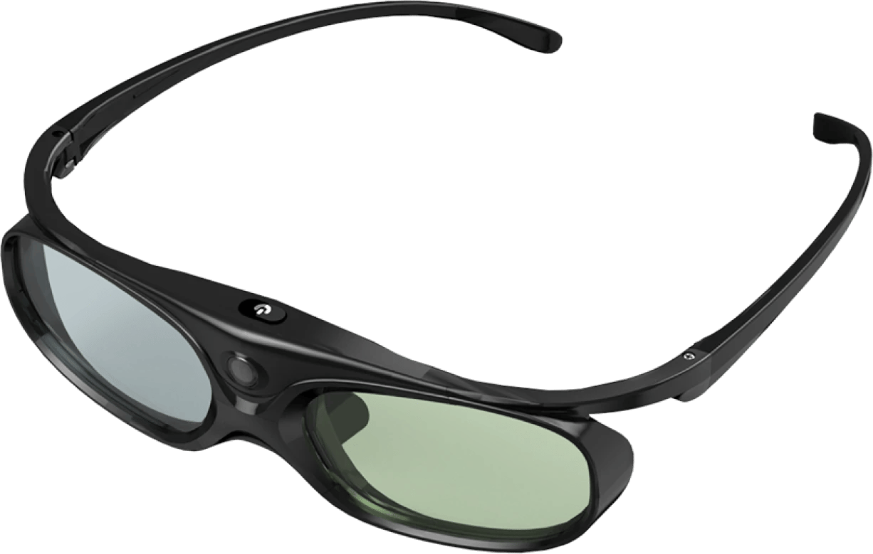 Aktive 3D-Brille von XGIMI, Front-Rechts-Ansicht, mit schwarzem Rahmen und farbigen Gläsern.