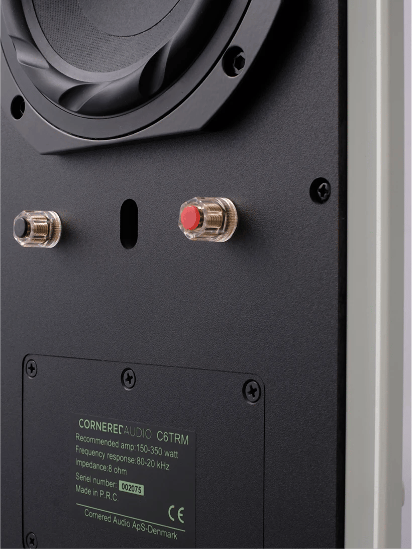 Rückansicht des Cornered Audio C6TRM Lautsprechers mit sichtbaren Anschlüssen.