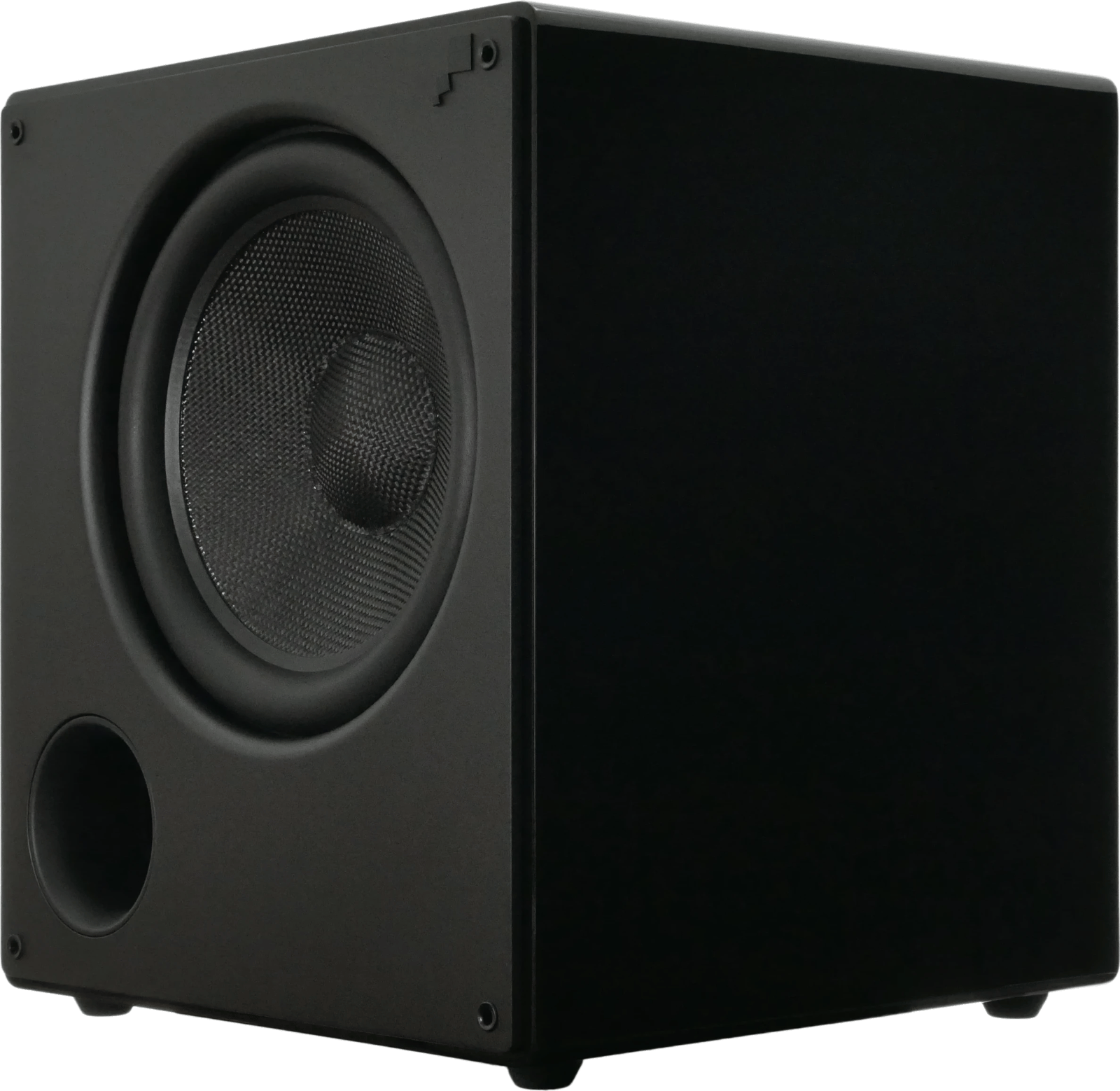 Sonance IMPACT 12 SUB Subwoofer, Front-Rechtsansicht, Anschlüsse sichtbar.