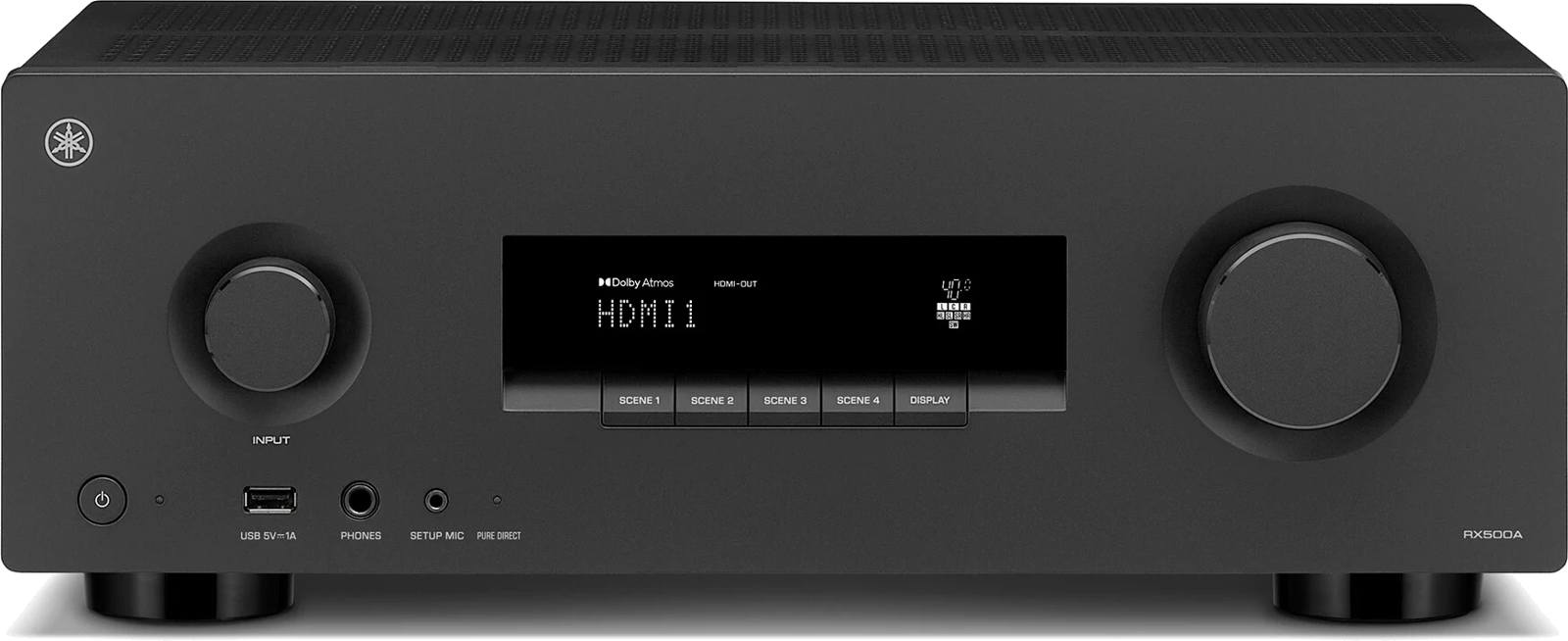 Frontansicht des Yamaha RX500A 7.2-Kanal-AV-Receivers mit HDMI-Anschlüssen und Display.