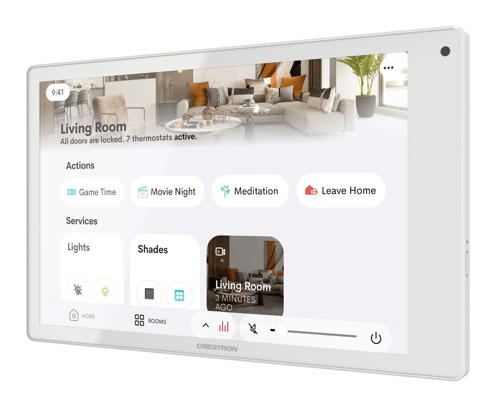 Crestron TSW-880R-W Wandmontage-Touchscreen in einem Wohnzimmer.