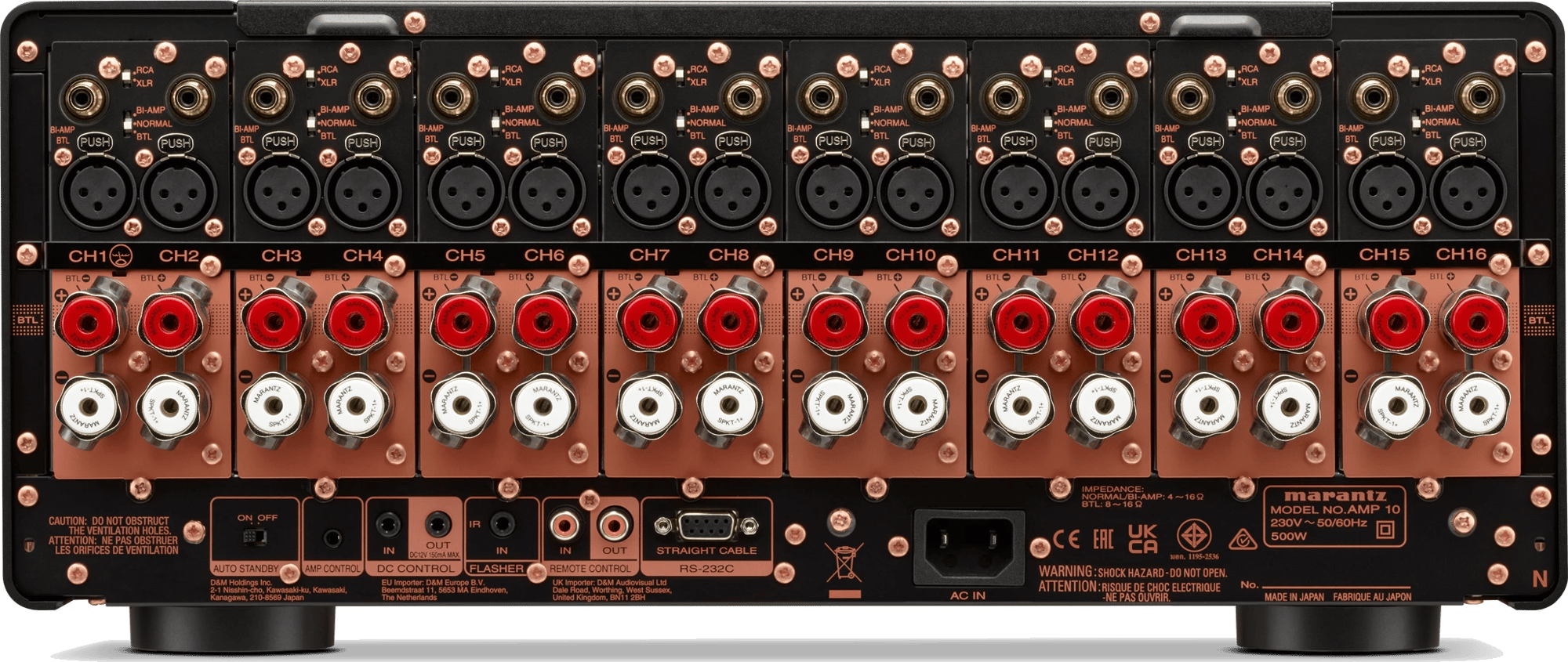Rückansicht des Marantz AMP 10 mit sichtbaren Anschlüssen.