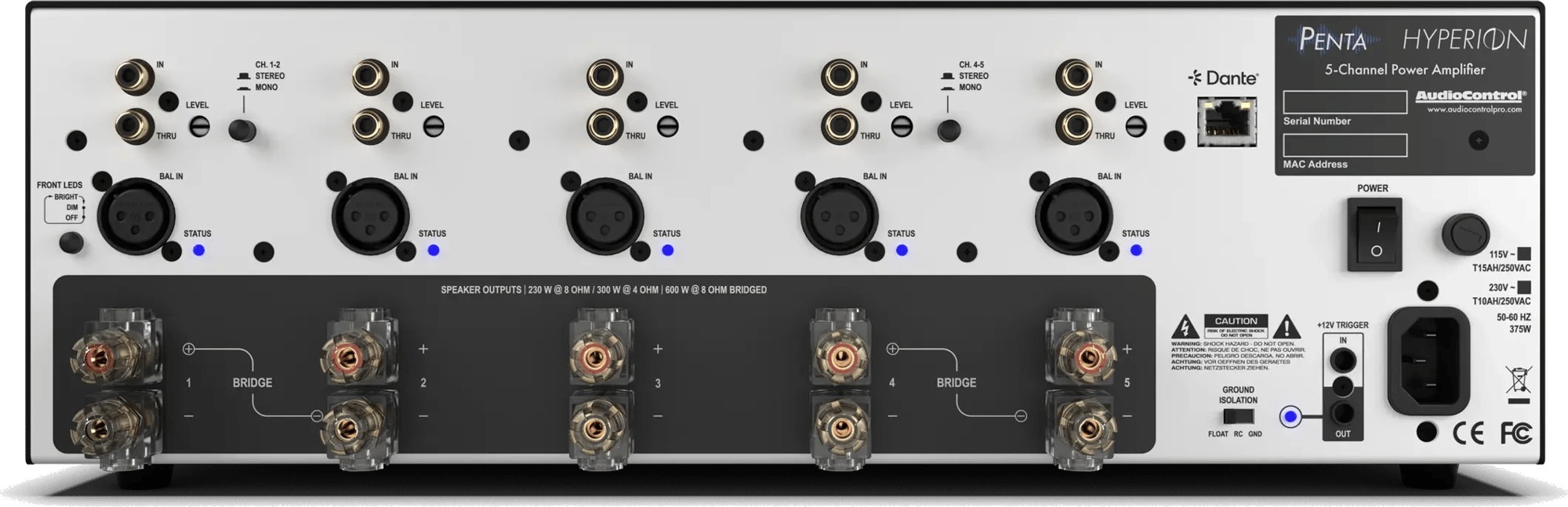 Rückansicht des AudioControl Hyperion Penta Verstärkers mit Anschlüssen und Steckdosen.