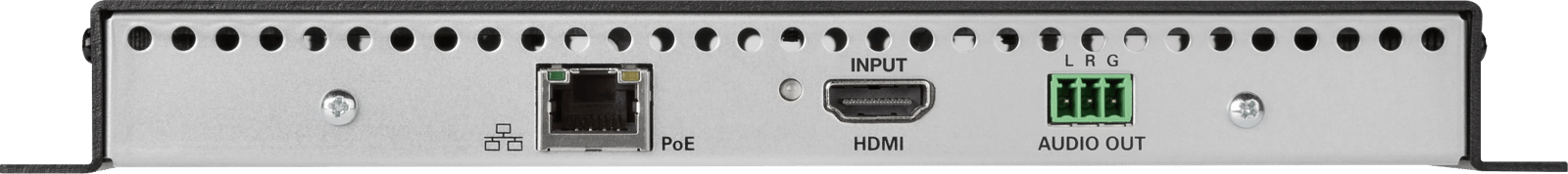Rückansicht des Crestron DM-NVX-E20 Netzwerk-AV-Encoders mit HDMI- und Audioanschlüssen.