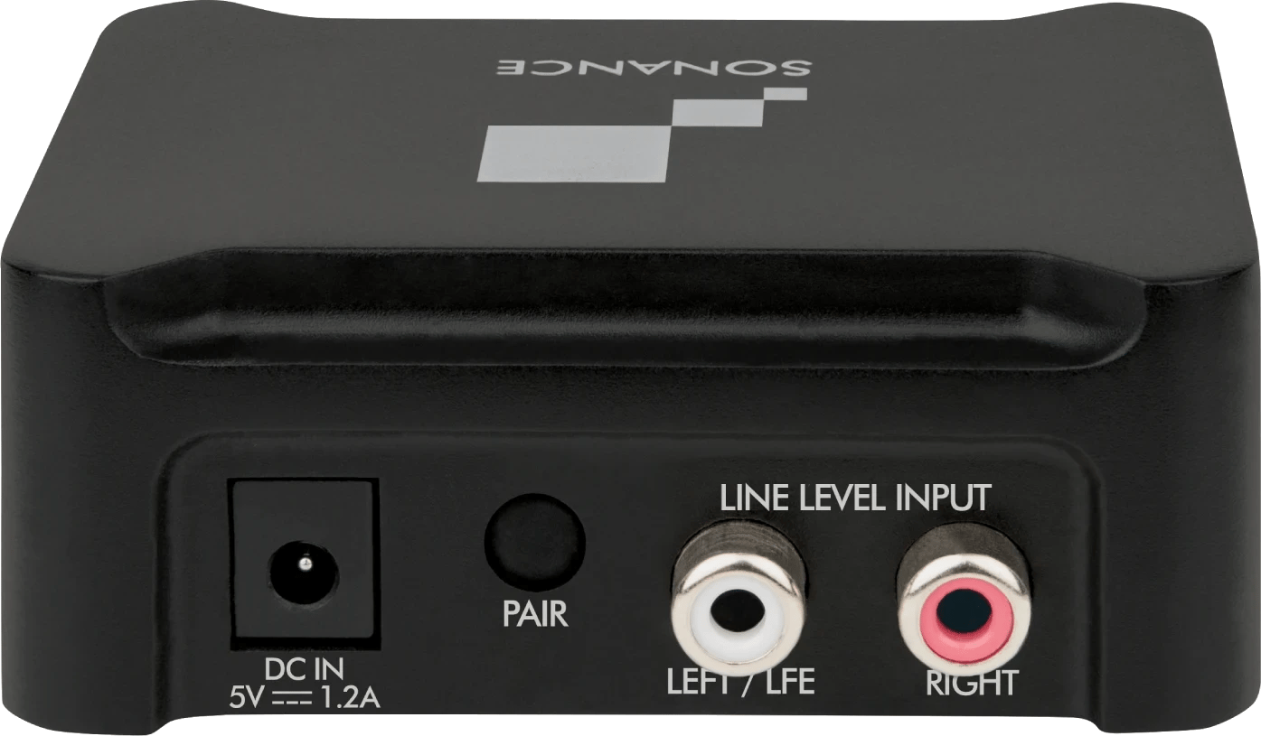 Rückansicht des Sonance SUB Funksenders mit Anschlüssen für den Line-Level-Eingang.
