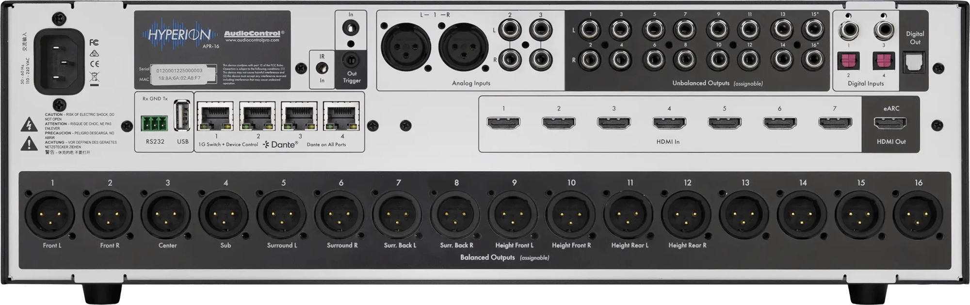 Rückansicht des AudioControl Hyperion APR-16 mit sichtbaren Anschlüssen und Steckplätzen.