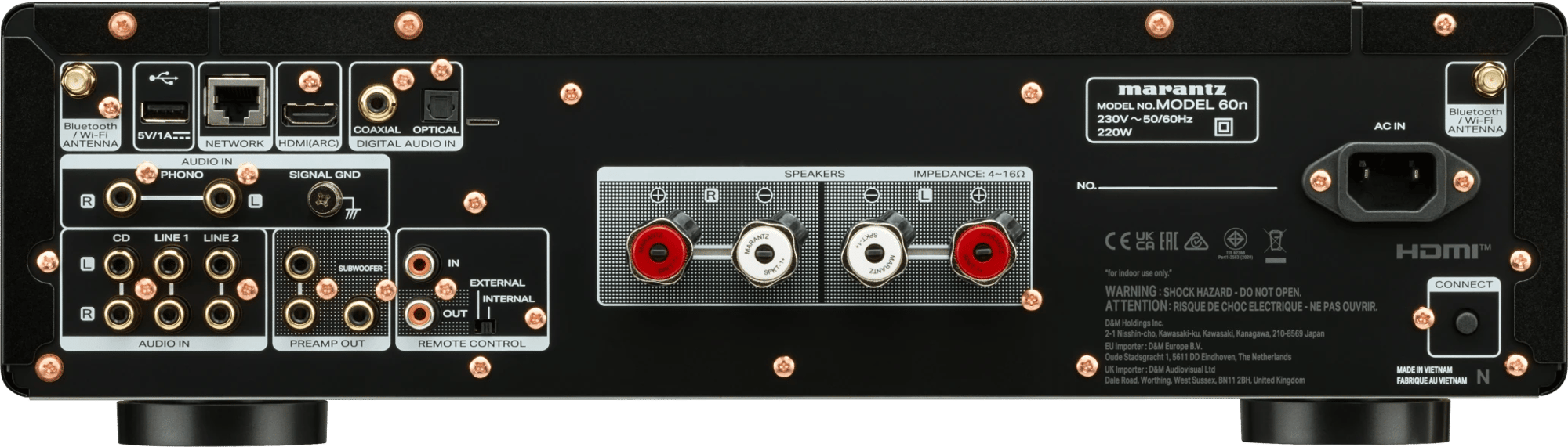 Rückseite des Marantz MODEL 60n in Schwarz mit Cinch-Anschlüssen, Lautsprecherklemmen, HDMI, Netzwerkbuchse, USB und Antennenanschlüssen.