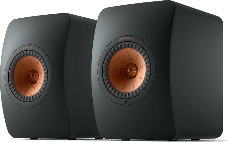 Paar KEF LS50 Wireless II Lautsprecher in Schwarz, Frontansicht.