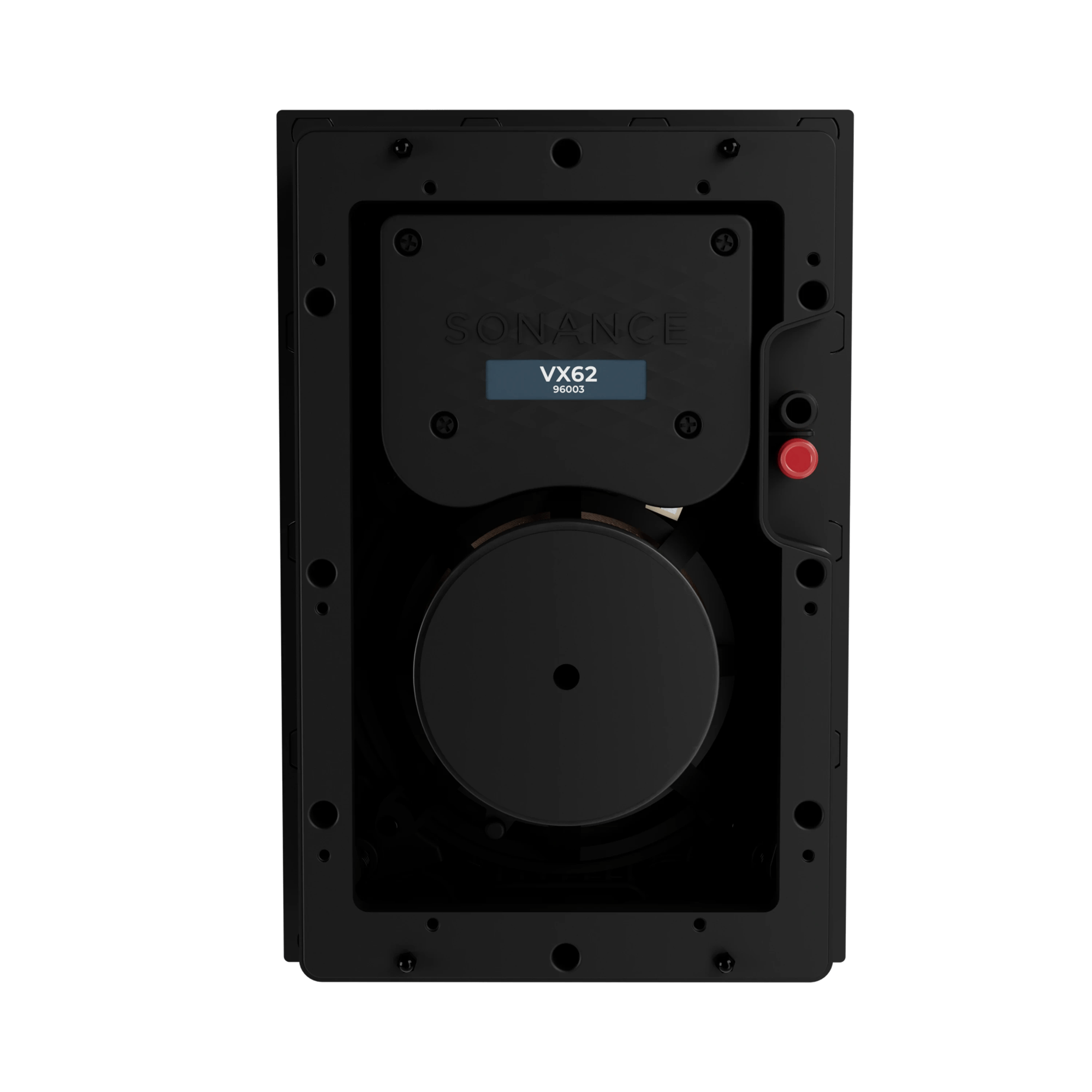 Rückansicht des Sonance VX62 Lautsprechers mit Anschlüssen und Modellinformationen.