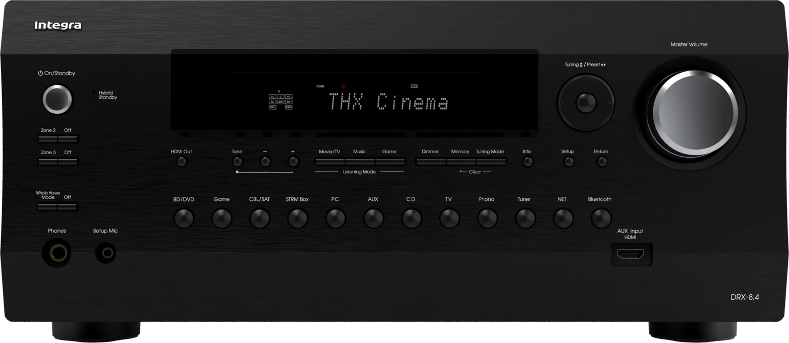 Frontansicht des Integra DRX 8.4 AV-Receivers mit THX Cinema-Anzeige.
