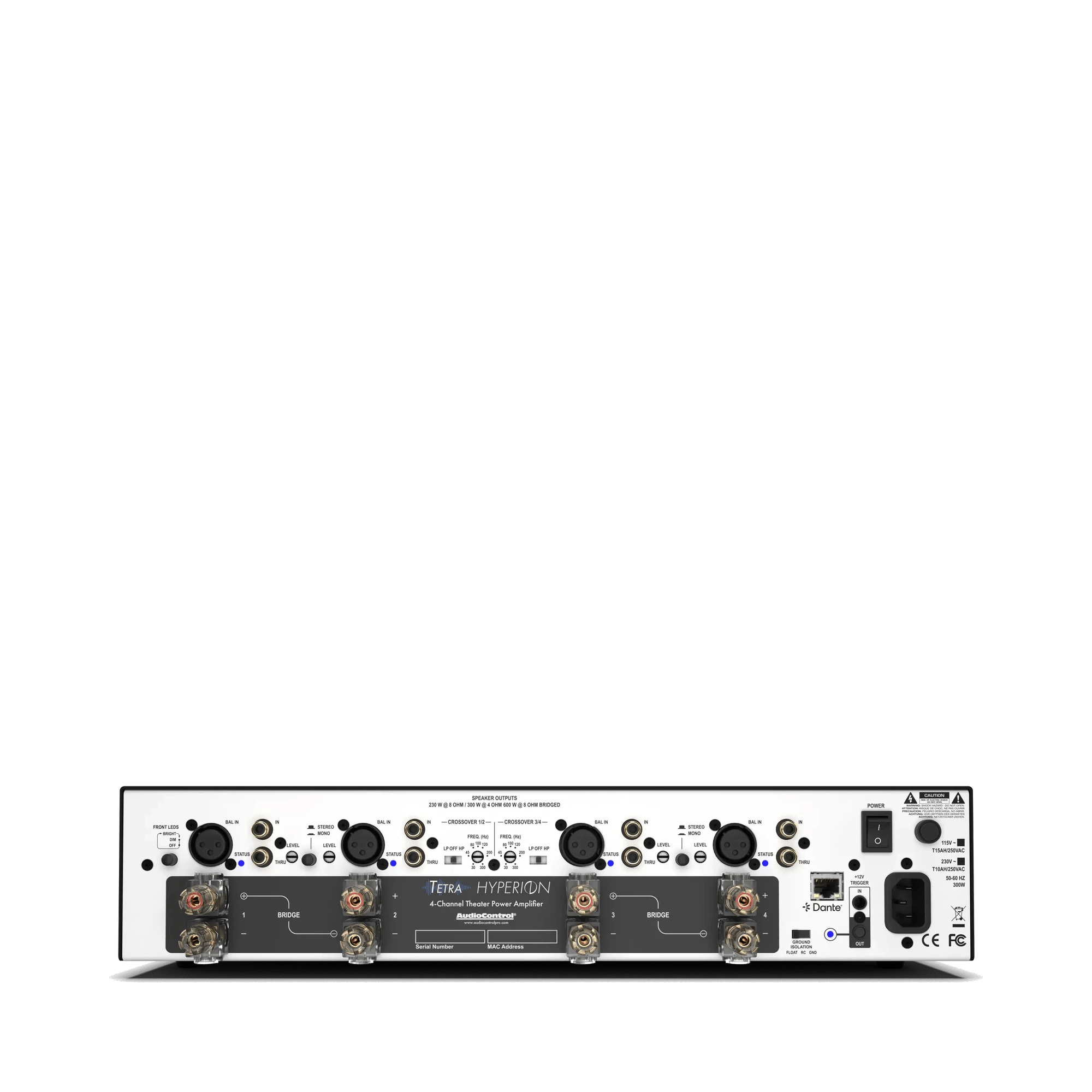 Rückansicht des AudioControl Hyperion Tetra Verstärkers mit Anschlüssen.