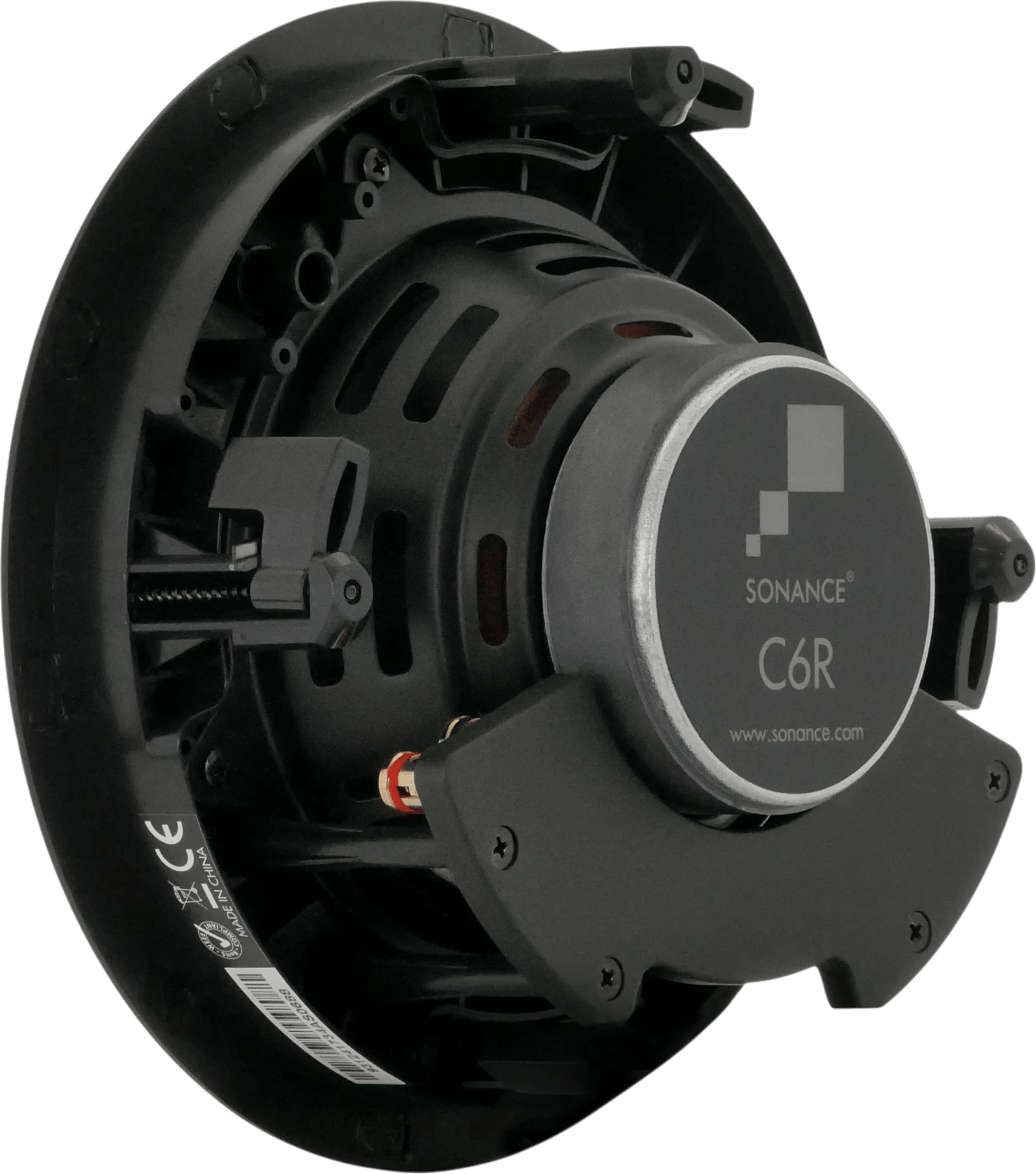 Sonance C6R 6,5" Einbaulautsprecher, Ansicht von vorne-rechts mit sichtbaren Anschlüssen.