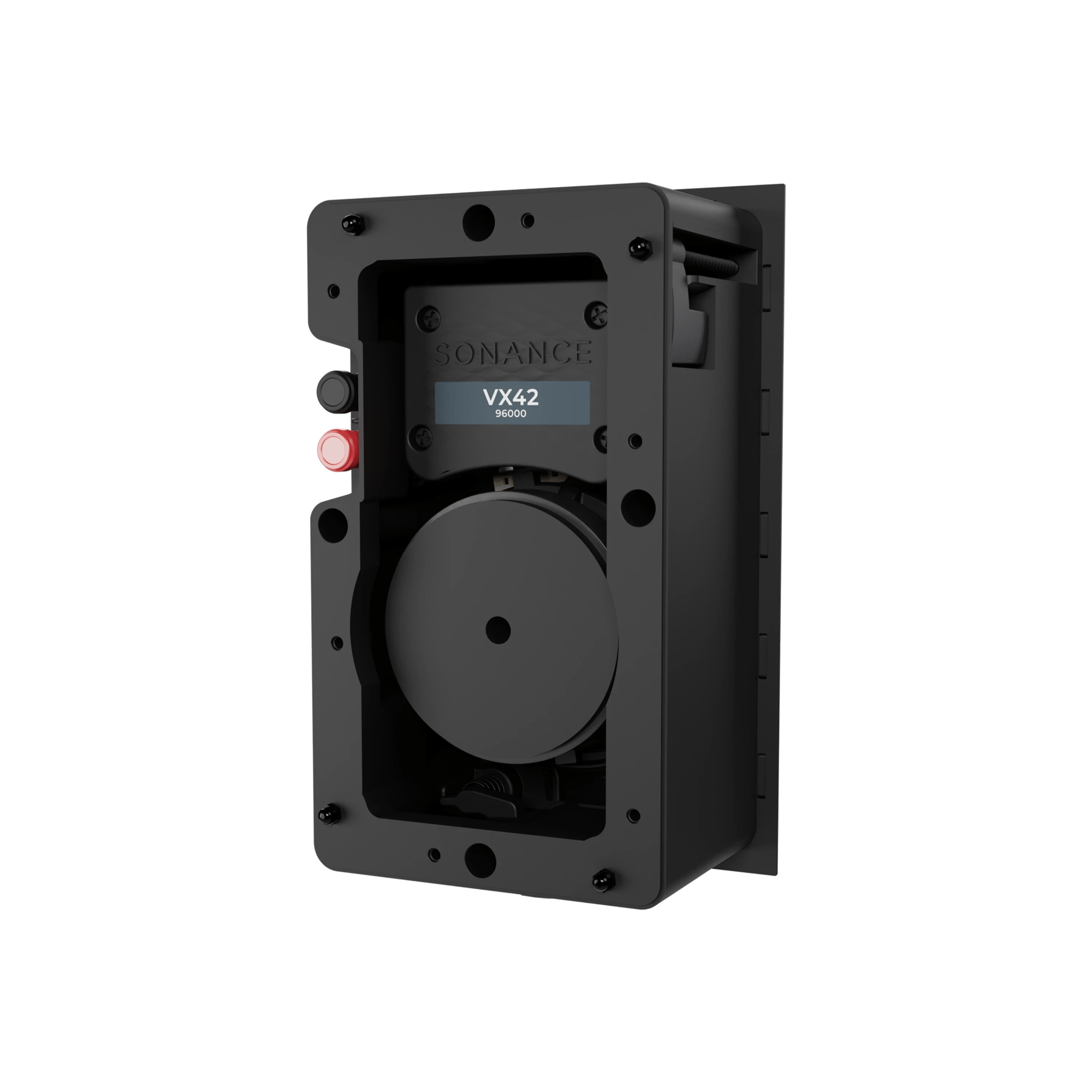 Rückansicht des Sonance VX42 Lautsprechers mit Anschlüssen und Modellinformationen.