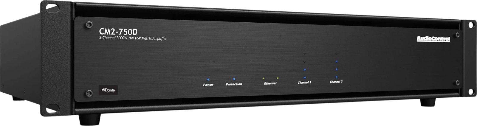 AudioControl CM2-750D Verstärker mit Dante-Anschluss, Ansicht von vorne-rechts.