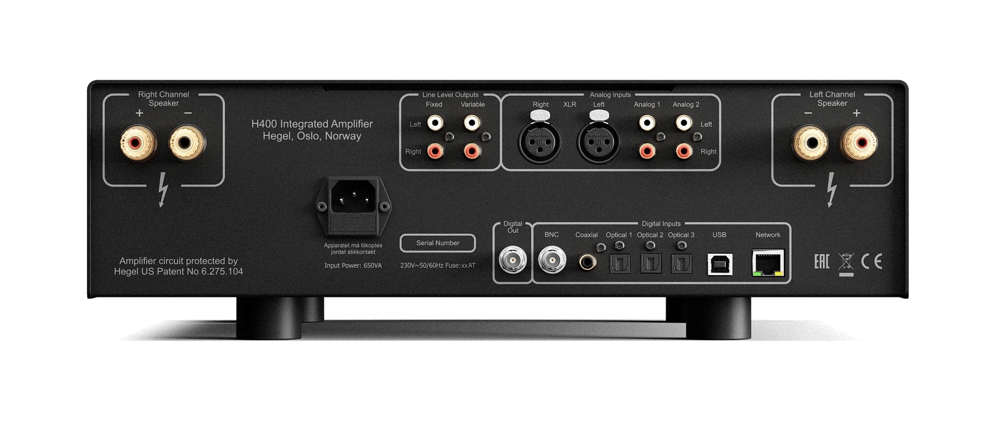 Rückansicht des Hegel H400 Integrated Amplifiers mit verschiedenen Anschlüssen.