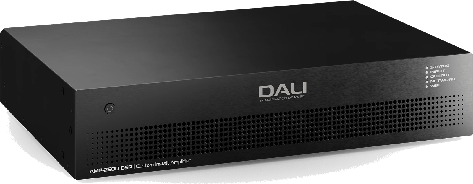 Frontansicht des DALI PHANTOM CI AMP-2500 DSP Verstärkers in Schwarz.