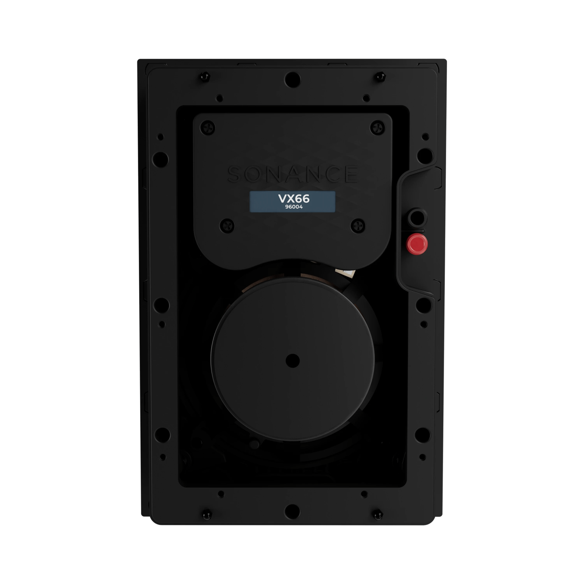 Rückansicht des Sonance VX66 Lautsprechers mit Anschlüssen und Modellinformationen.