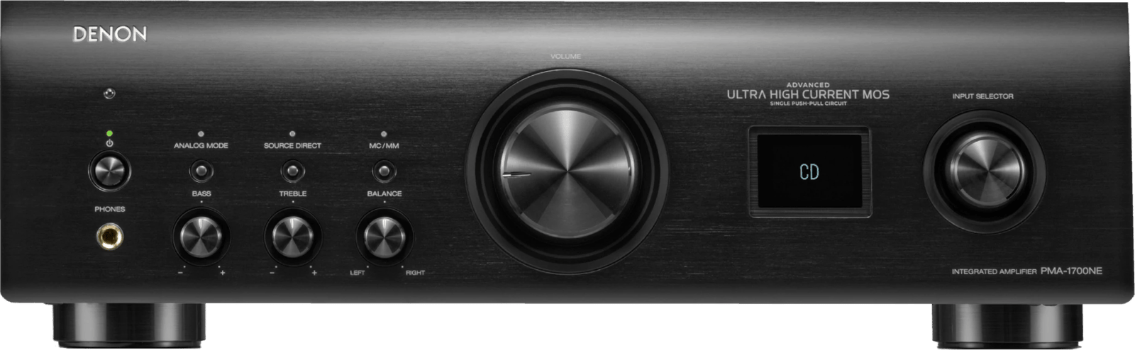 Denon PMA-1700NE in Schwarz von vorn mit großem Lautstärkeknopf, Display und Eingangswahlknopf.