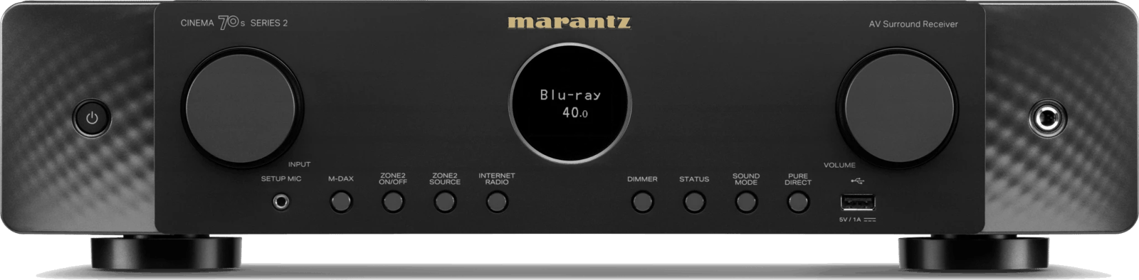 Frontansicht des Marantz Cinema 70s S2 AV-Receivers in Schwarz.
