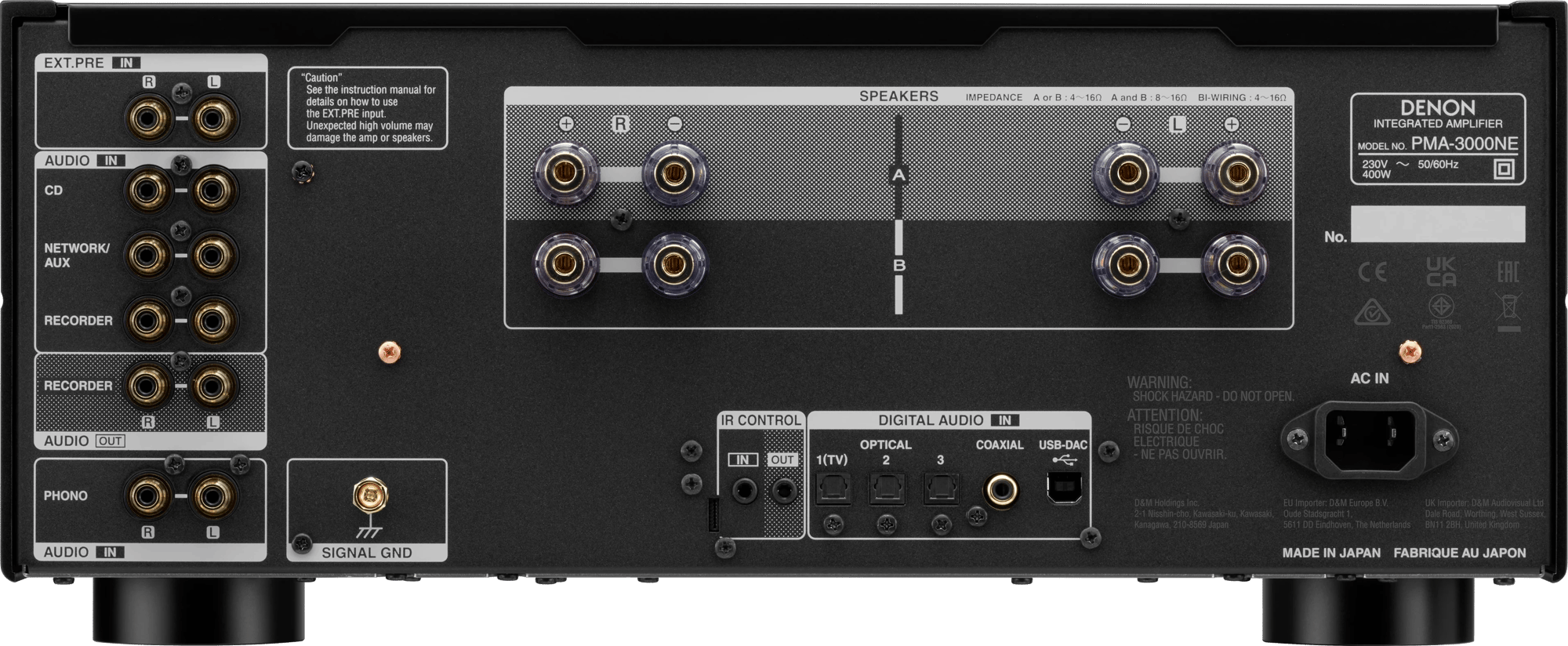 Denon PMA-3000NE in Schwarz von hinten: Anschlussfeld mit Cinch-, Digital- und USB-Buchsen, Lautsprecherklemmen und Netzeingang, Typenschild für 230 V.