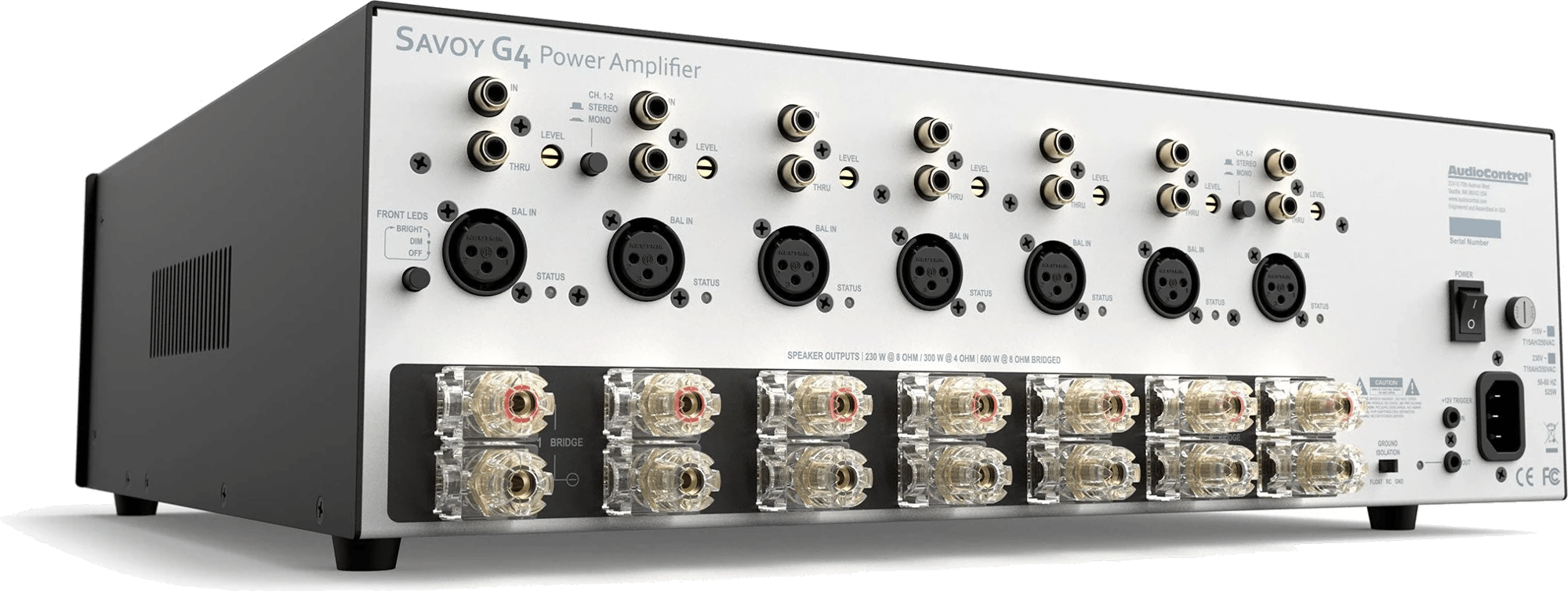 Rückansicht des AudioControl Savoy G4 Leistungsverstärkers mit Anschlüssen und Steckdosen.
