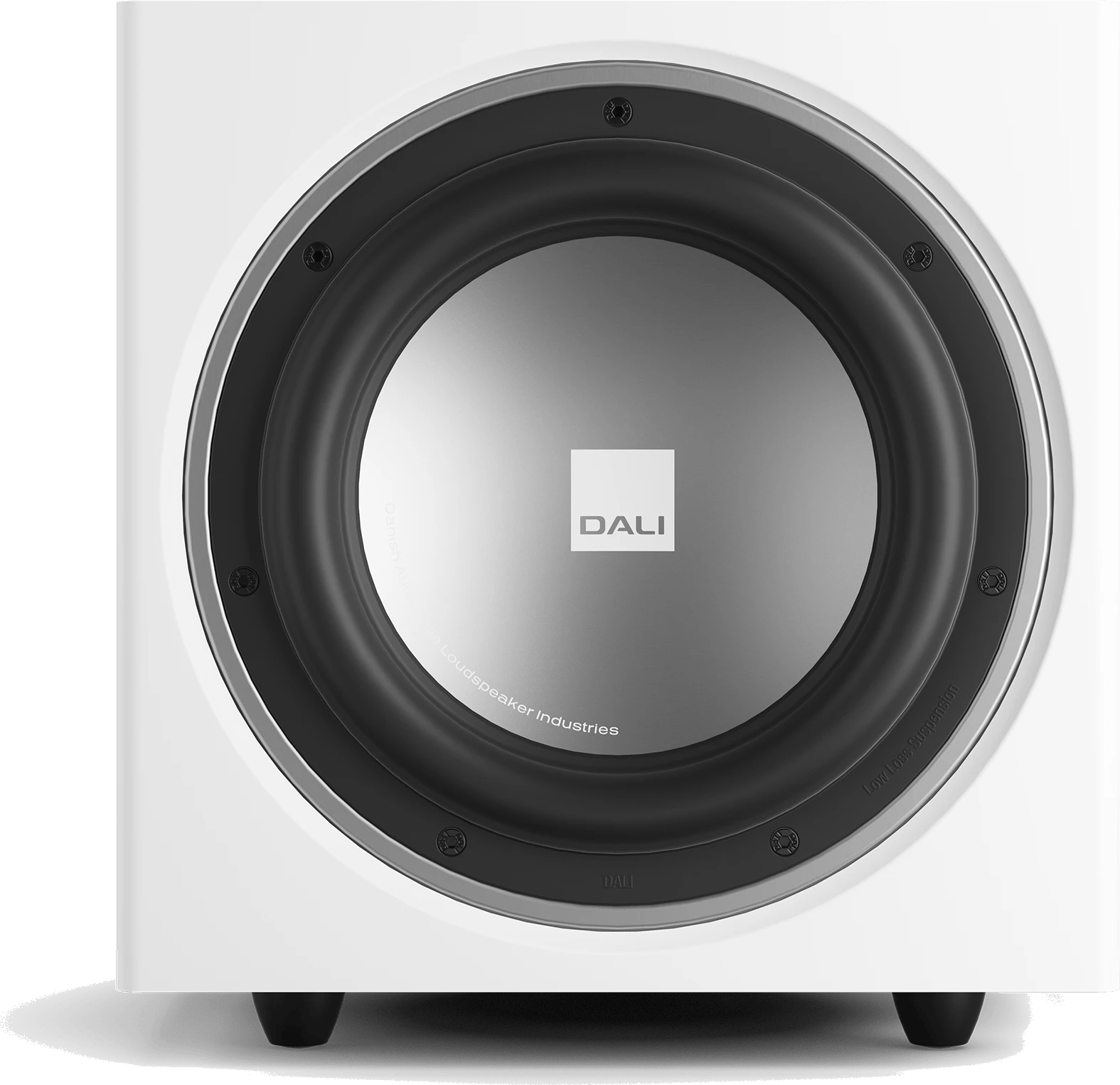 Frontansicht des DALI SUB E-9 F Subwoofers in weißem Satin-Finish.