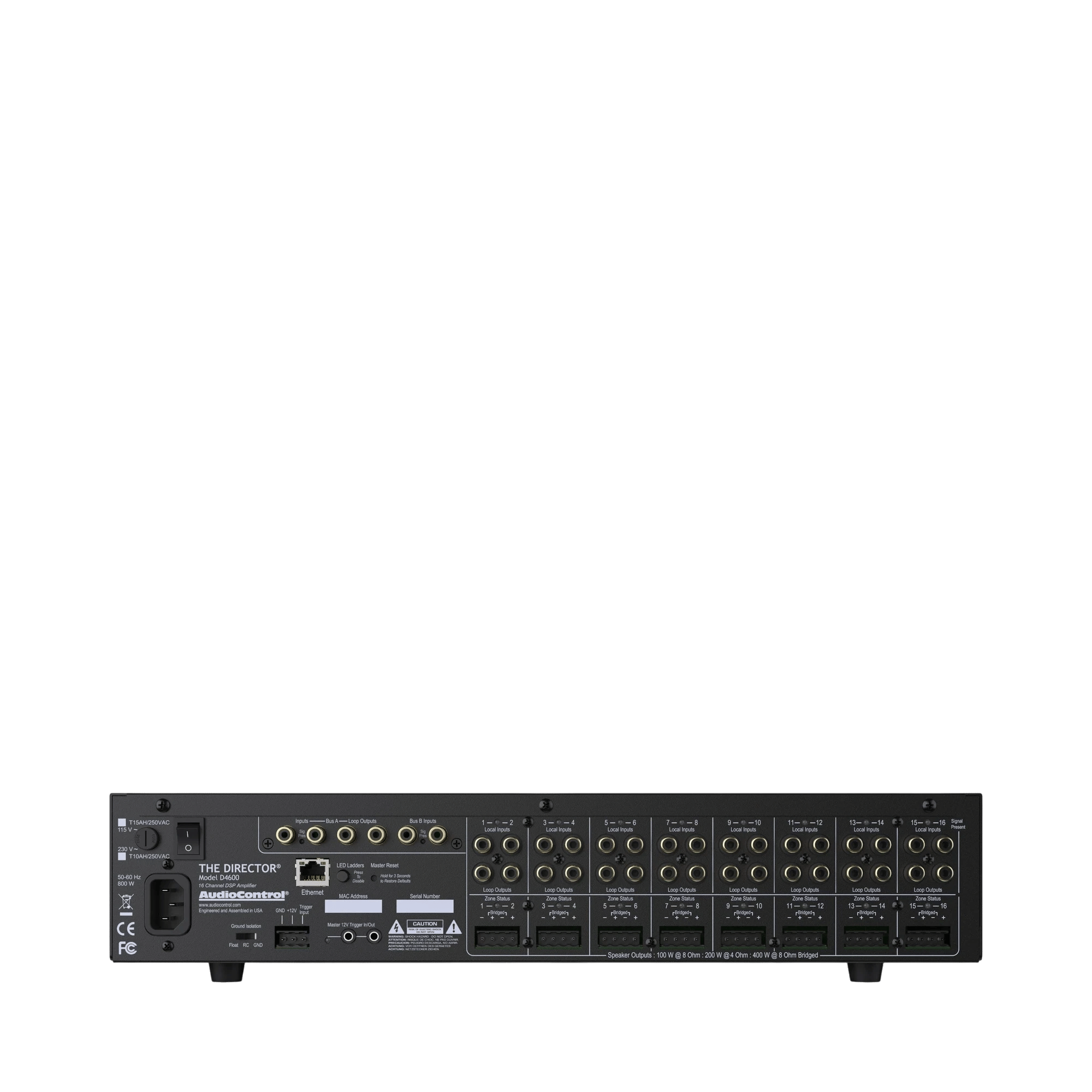 Rückansicht des AudioControl Director D4600 Verstärkers mit Anschlüssen und Verbindungen.