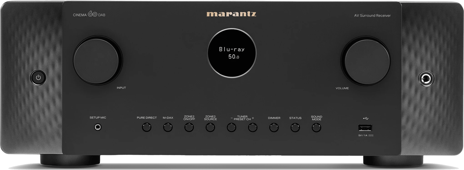Frontansicht des Marantz CINEMA 60 DAB AV-Receivers in Schwarz.
