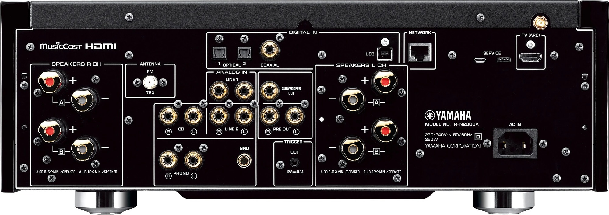 Rückseite des Yamaha R-N2000A mit Lautsprecherklemmen A und B, Cinch-Eingängen, digitalen Eingängen, HDMI und Netzwerkbuchse.