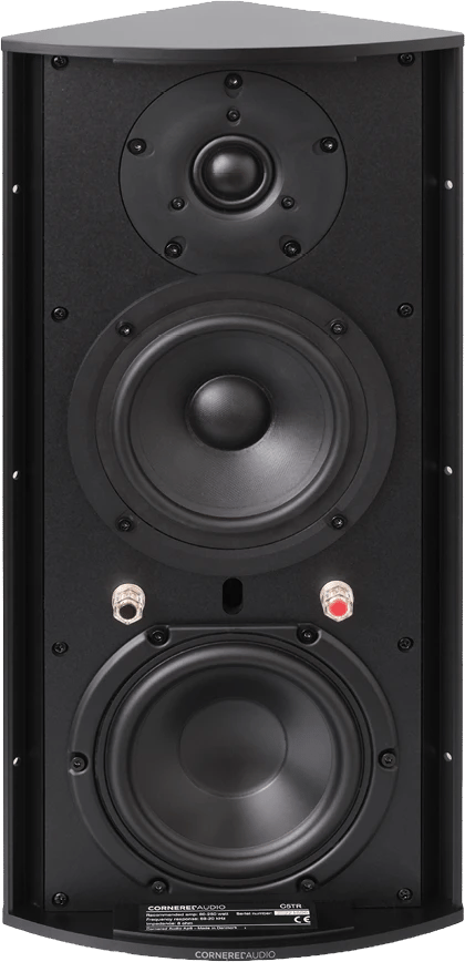 Frontansicht eines schwarzen Cornered Audio C5SE Lautsprechers mit sichtbaren Anschlüssen.