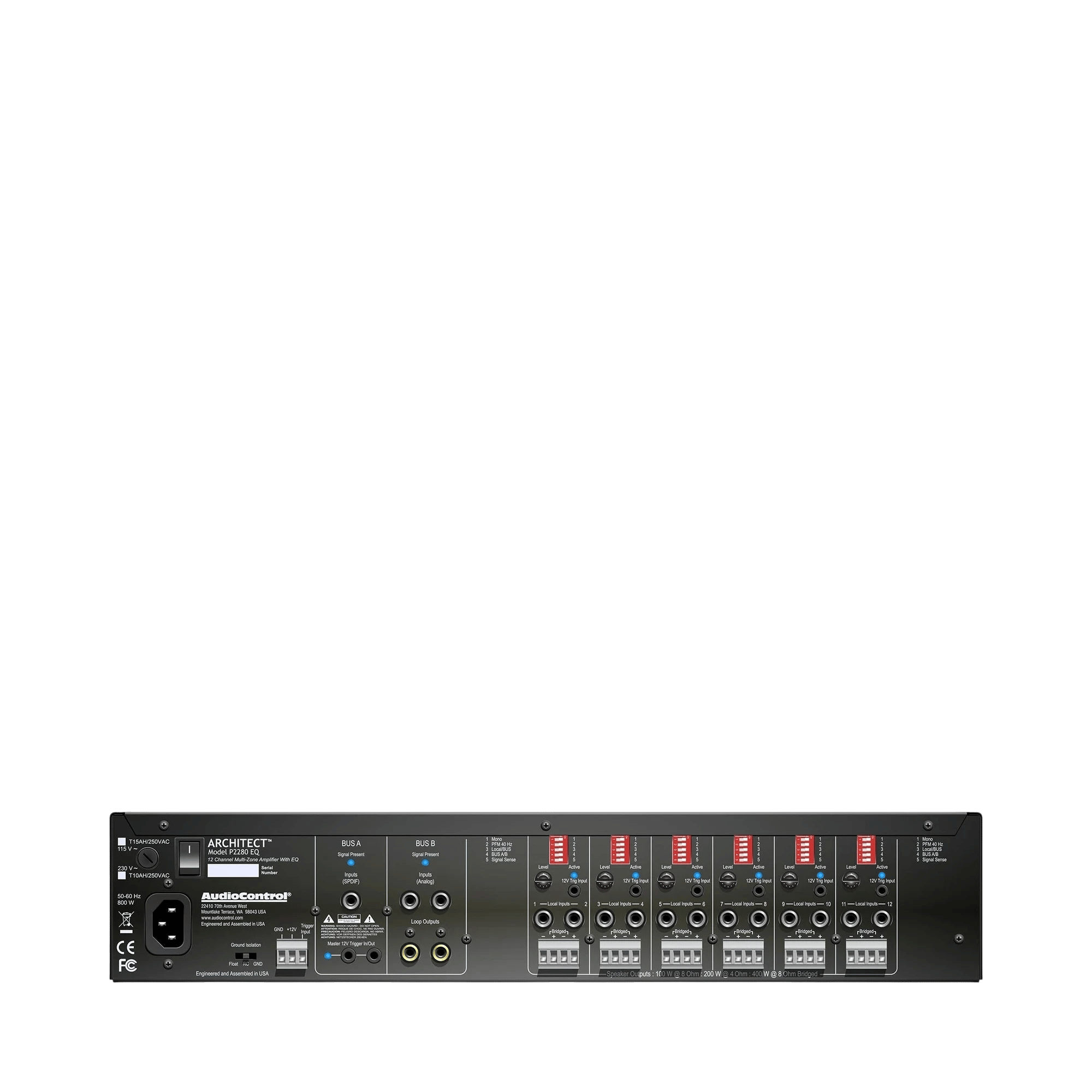 Rückansicht des AudioControl Architect P2280 EQ mit sichtbaren Anschlüssen.