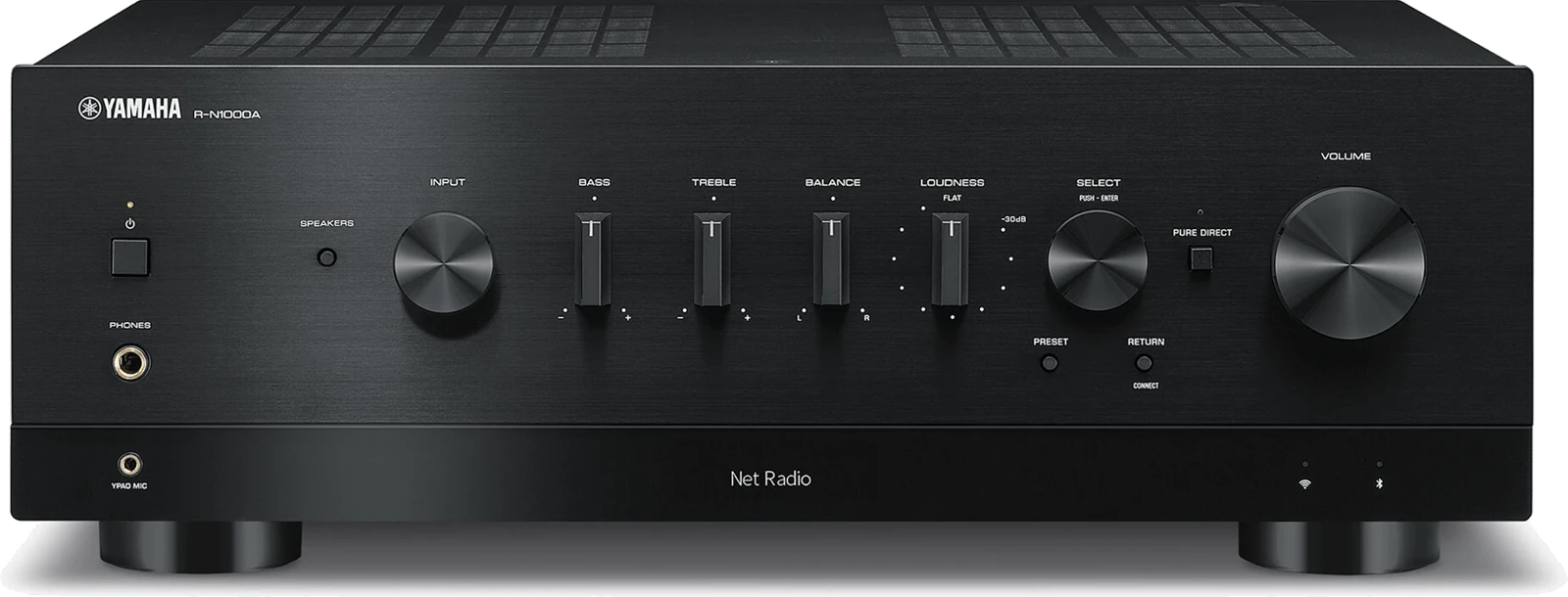 Netzwerk-Receiver Yamaha R-N1000A in Schwarz von vorn mit Drehreglern, Schiebereglern und Kopfhörerbuchse.
