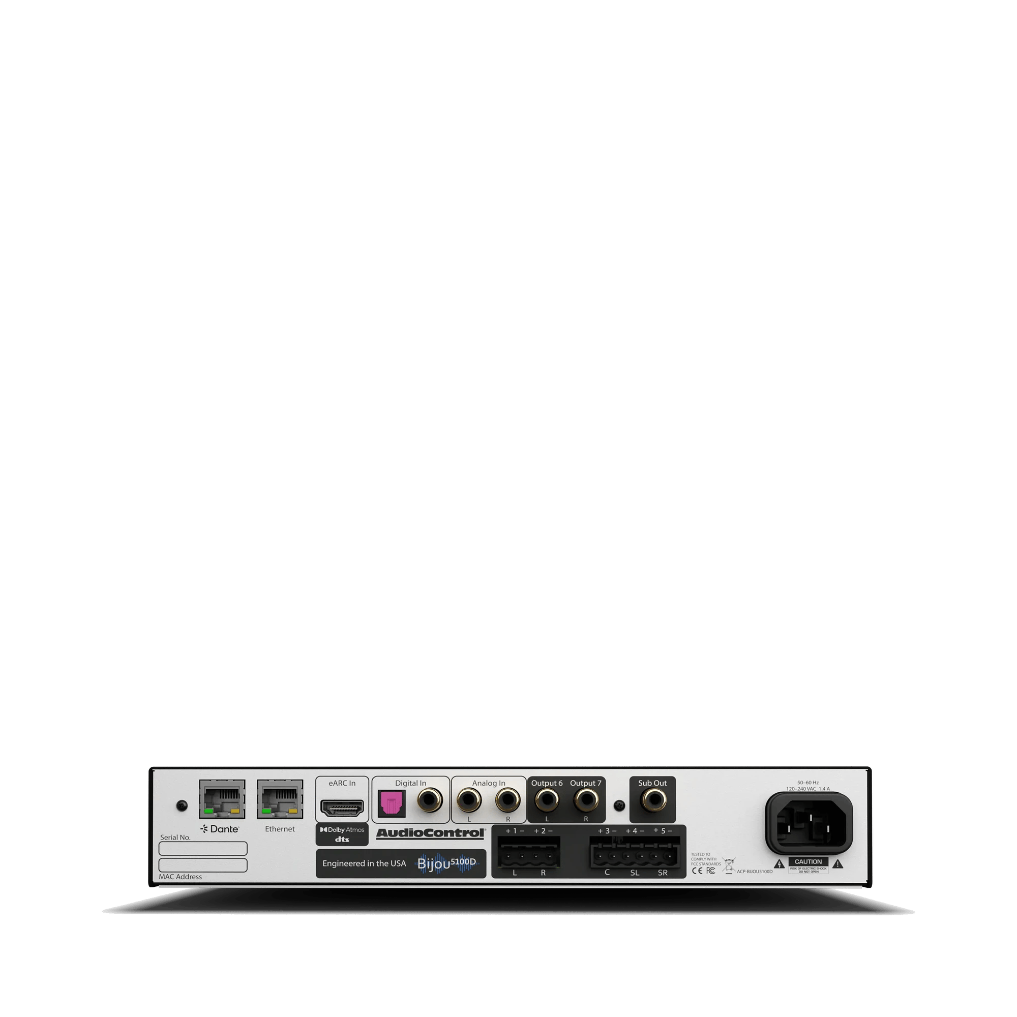 Rückansicht des AudioControl Bijou 5100D mit sichtbaren Anschlüssen.