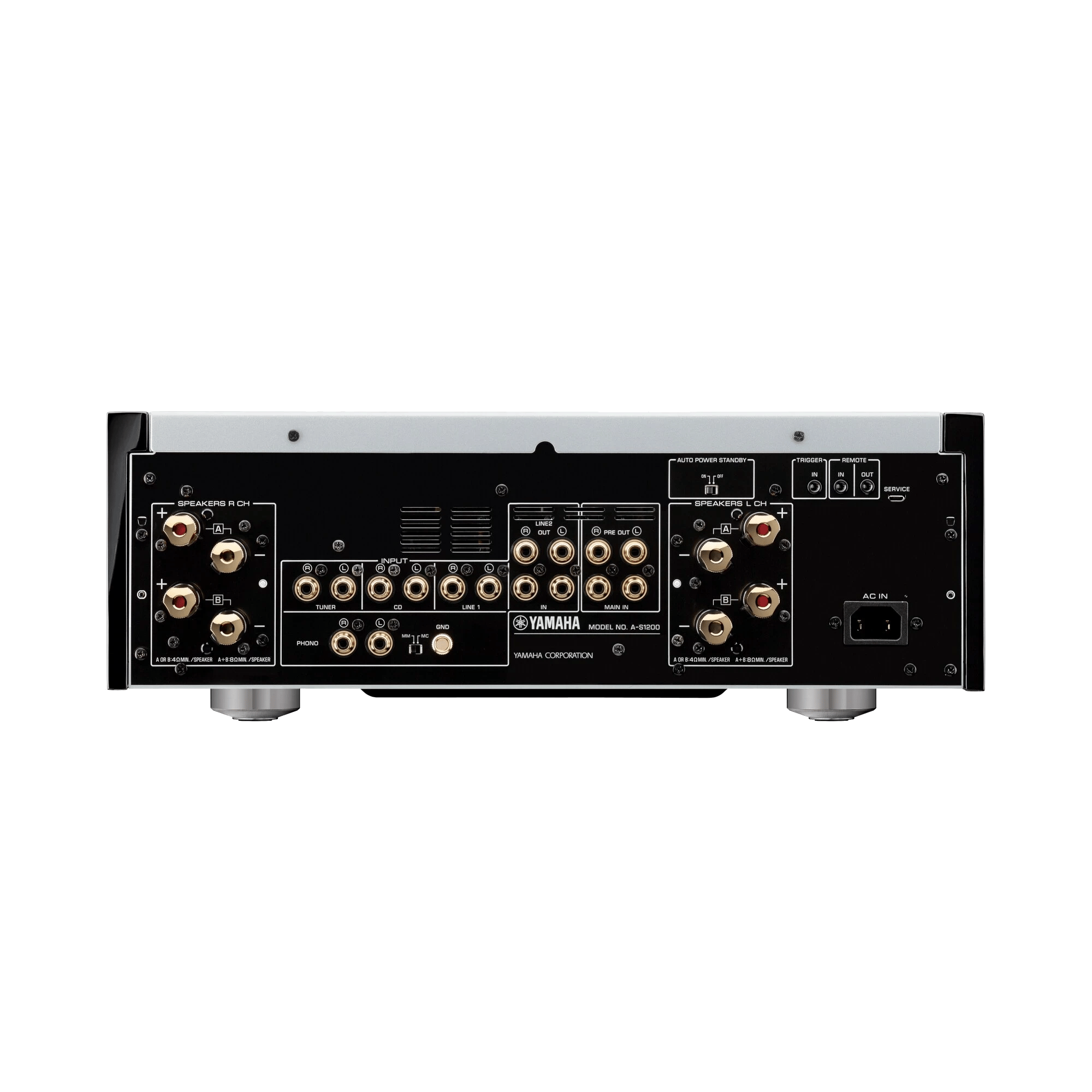 Rückansicht des Yamaha A-S1200 Stereo-Vollverstärkers mit verschiedenen Ein- und Ausgängen.