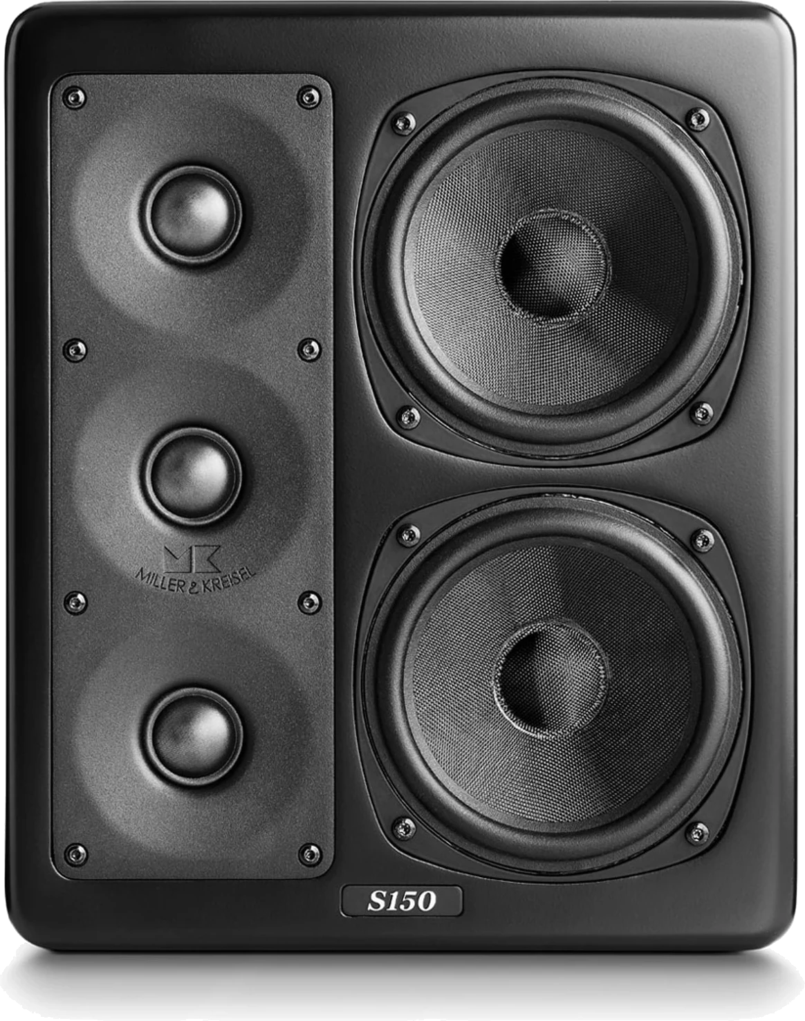 Frontansicht des M&K Sound S150 L Lautsprechers in Schwarz.