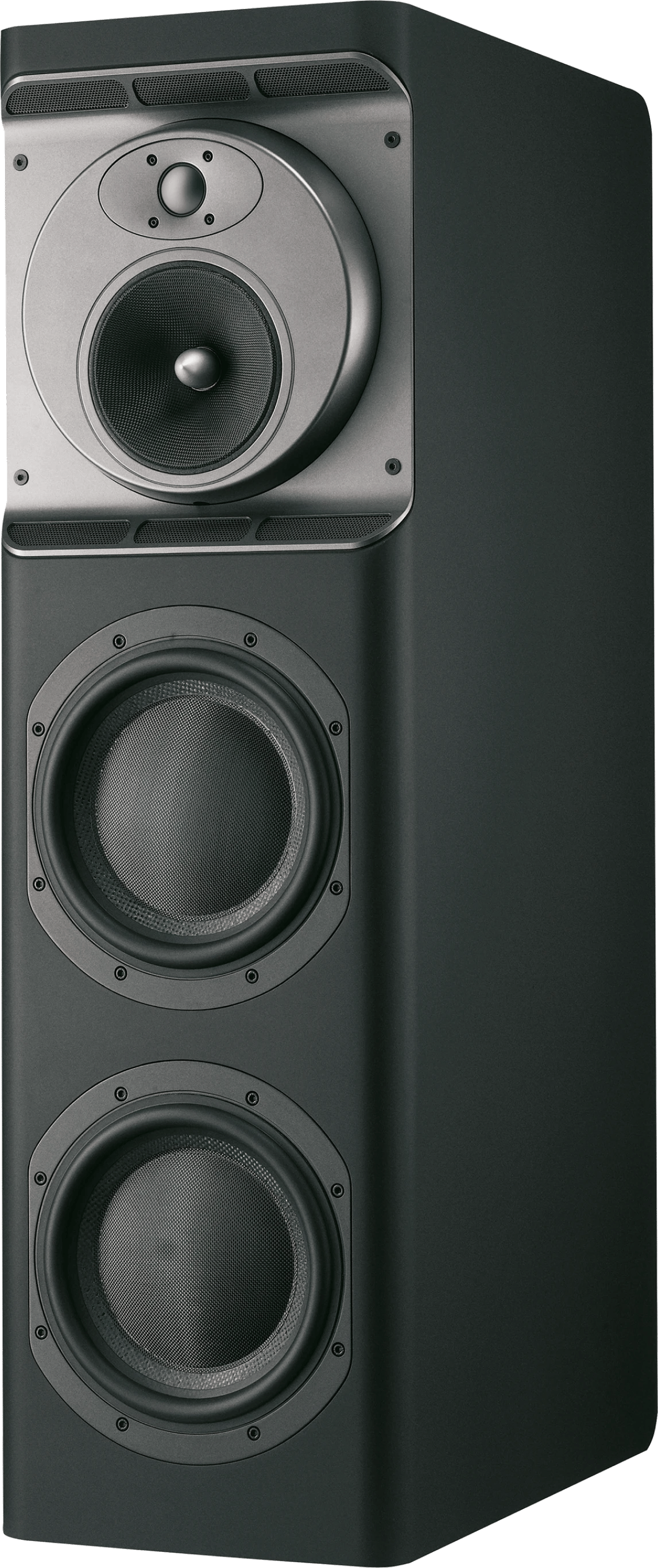 Bowers & Wilkins CT8 LR Lautsprecher in Frontansicht, mit zwei Basslautsprechern und einem Hochtöner.