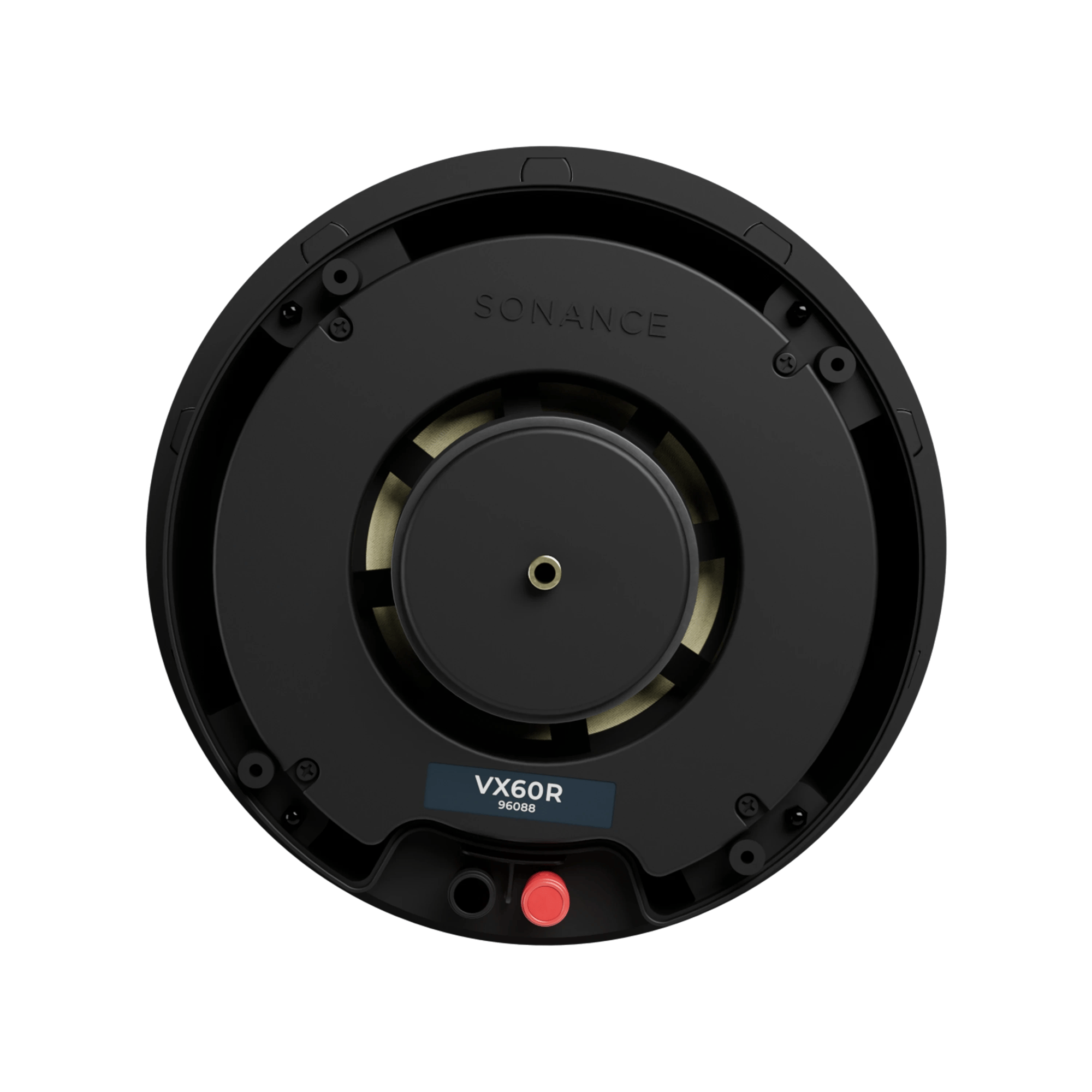 Rückansicht des Sonance VX60R Lautsprechers mit Anschlüssen und Modellinformationen.
