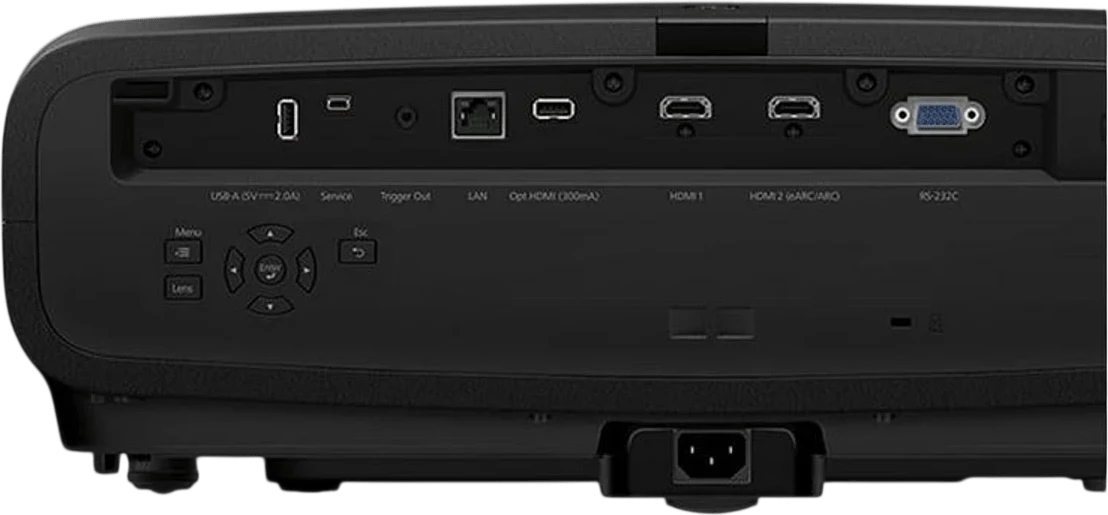 Rückansicht des Epson EH-LS12000B Projektors mit Anschlüssen und Bedienelementen.