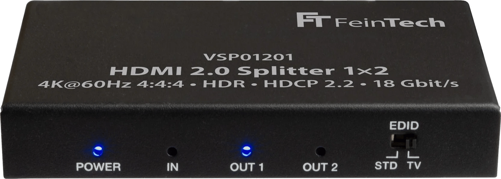 Frontansicht des FeinTech VSP01201 HDMI 2.0 Splitters 1x2 mit EDID-Management.
