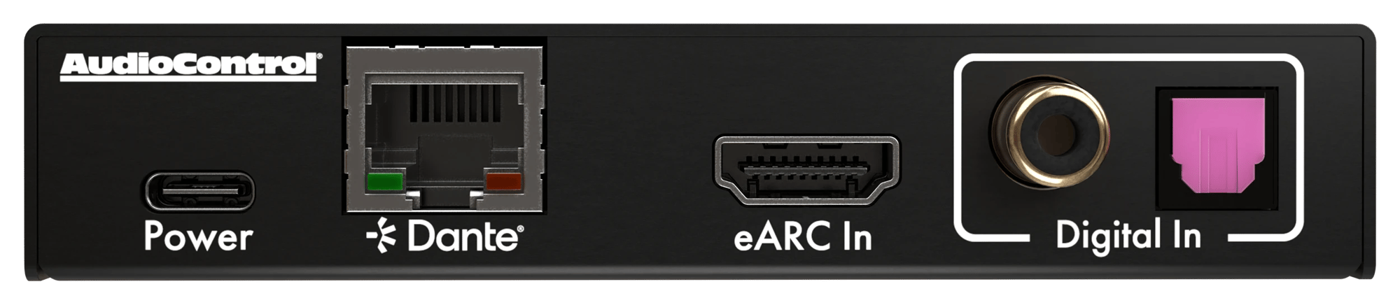 Rückansicht des AudioControl Hyperion AXIS-2 mit Strom-, Dante-, eARC In- und Digital In-Anschlüssen.