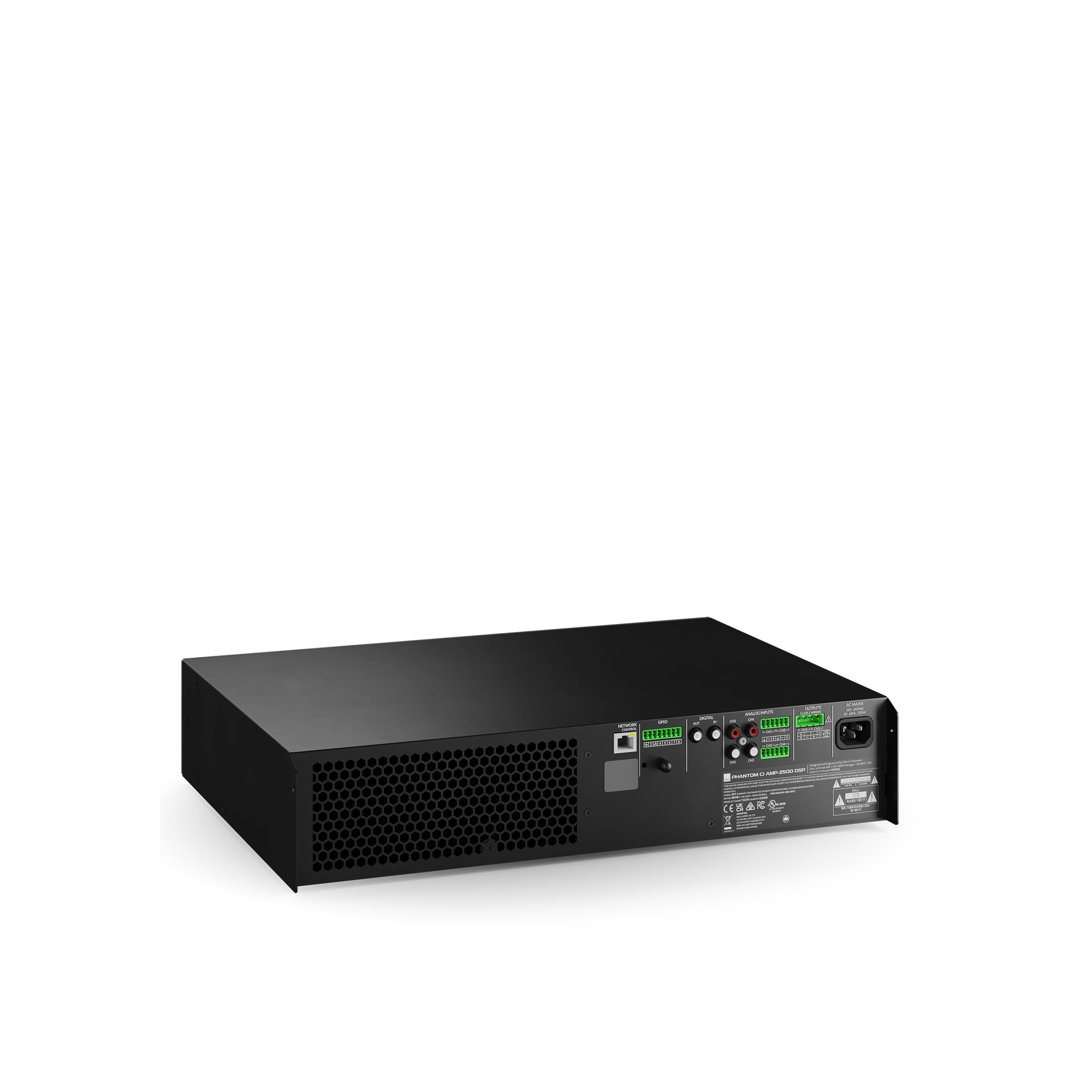 Rückansicht des DALI PHANTOM CI AMP-2500 DSP-Verstärkers mit sichtbaren Anschlüssen.